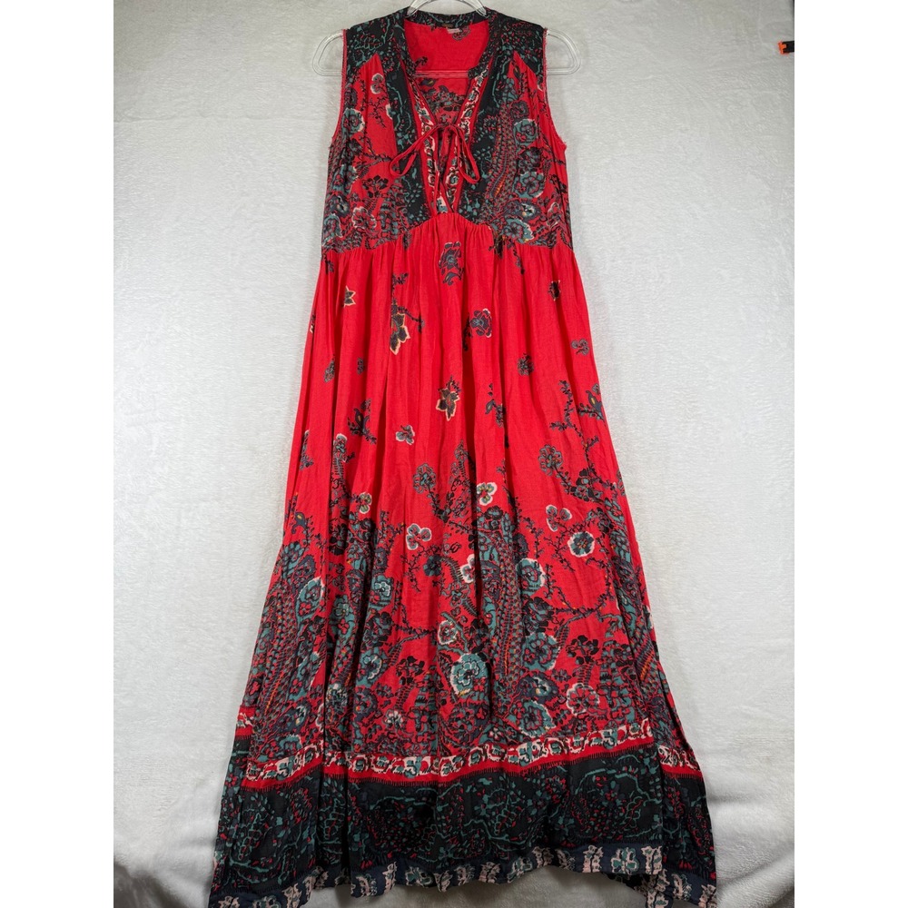 Free People Red Floral Paisley Tiered Sleeveless Maxi Dress Womens XS Boho